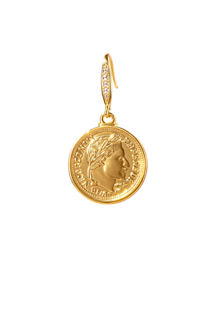 Aurelia Coin Drops Earrings – 2cm engraved coin pendant on zircon-accented gold hook