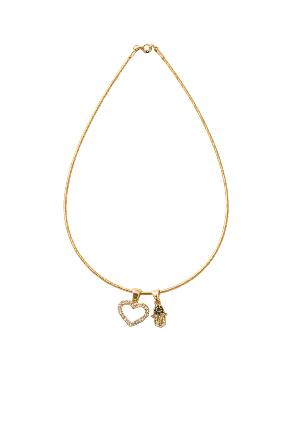 Elara Heart Wire Necklace – open heart charm with Khamsa and solitaire on gold wire necklace