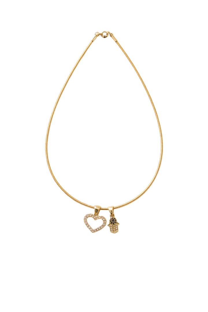 Elara Heart Wire Necklace – open heart charm with Khamsa and solitaire on gold wire necklace