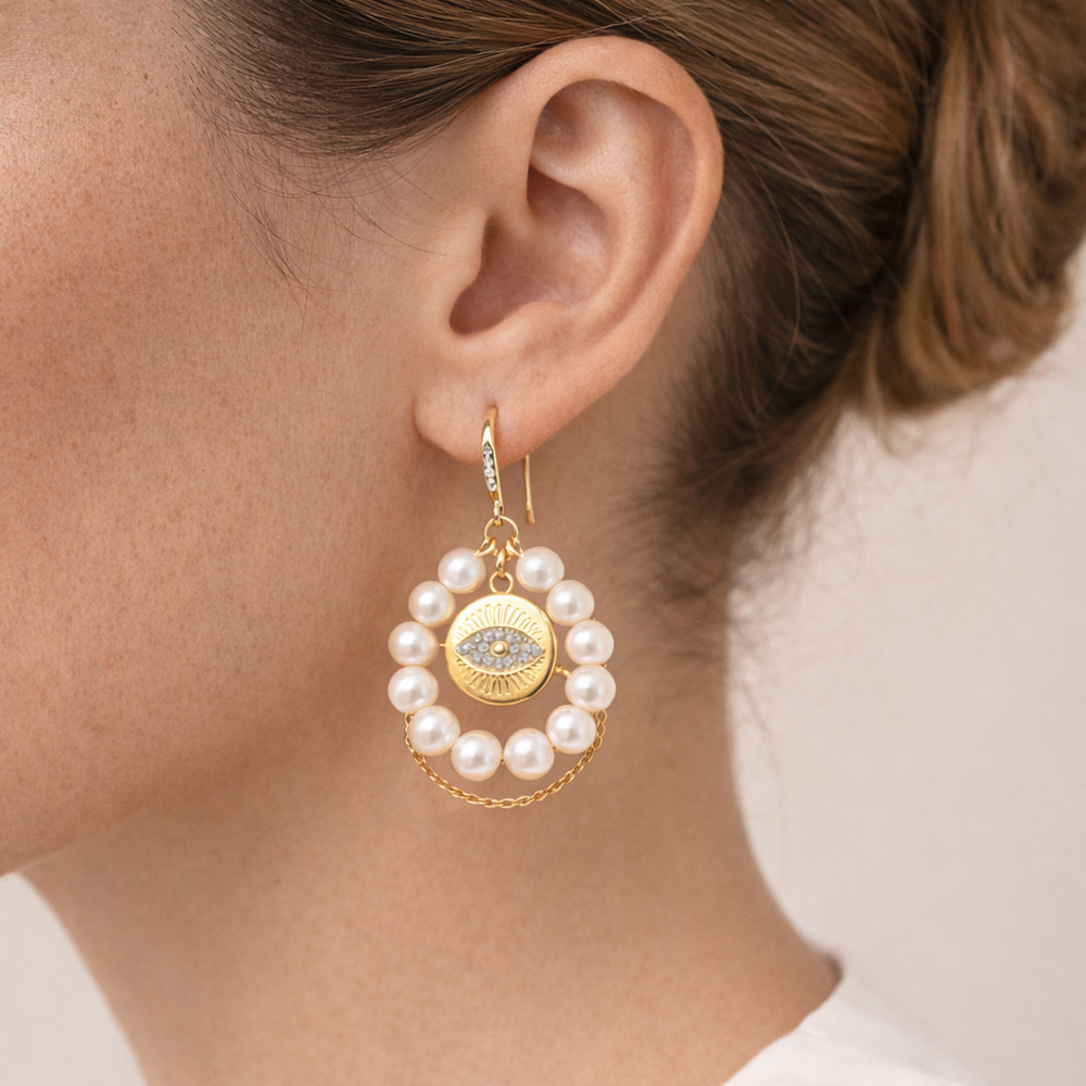 Elysia Pearl Eye Earrings detail showing pearl eye charm and gold setting