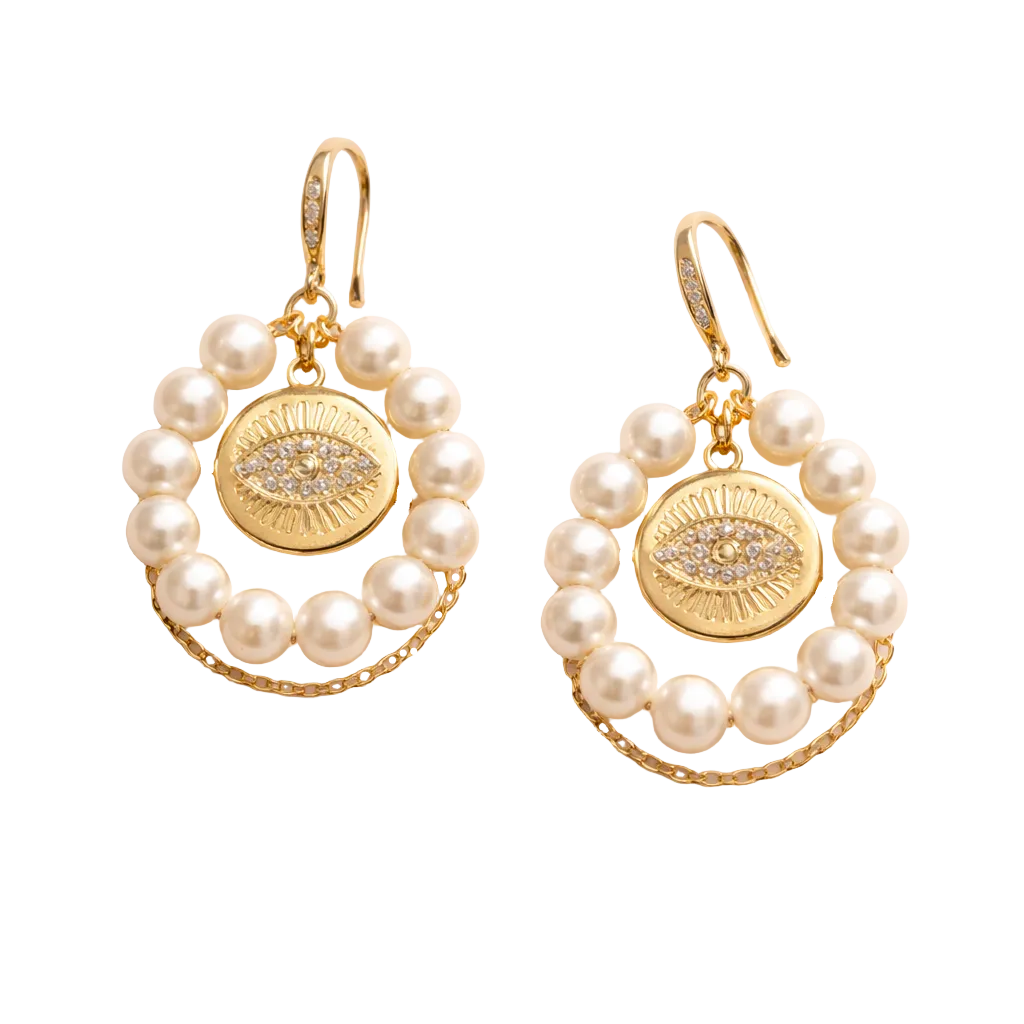 Elysia Pearl Eye Earrings – eye-shaped design with freshwater pearl center and zircon accents