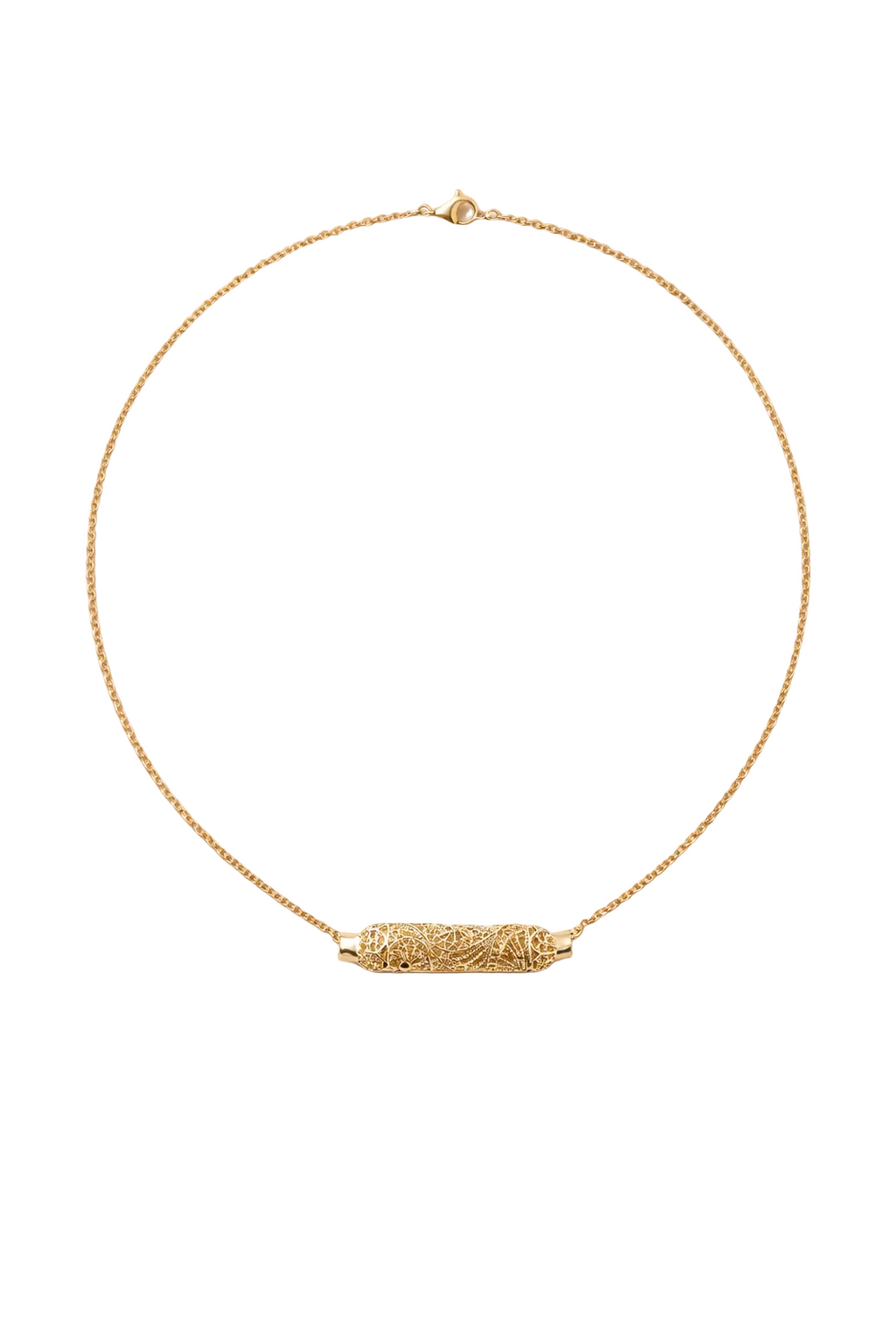 Aurelia Filigree Necklace – finely sculpted gold filigree centerpiece with intricate patterning