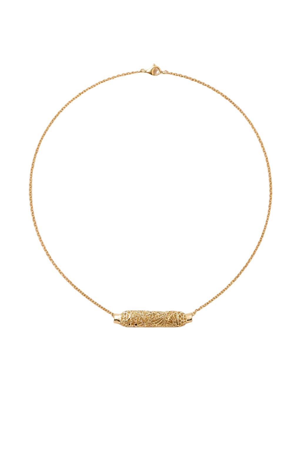 Aurelia Filigree Necklace – finely sculpted gold filigree centerpiece with intricate patterning