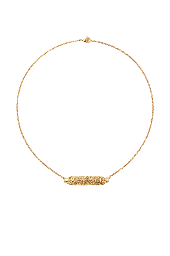 Aurelia Filigree Necklace – finely sculpted gold filigree centerpiece with intricate patterning