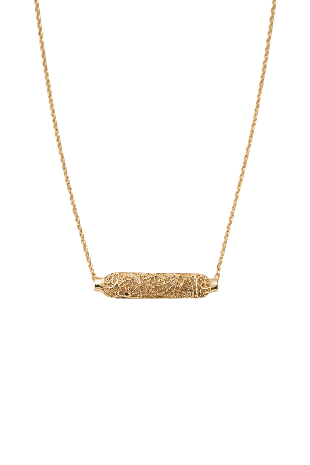 Aurelia Filigree Necklace lifestyle shot showing filigree pendant on neck