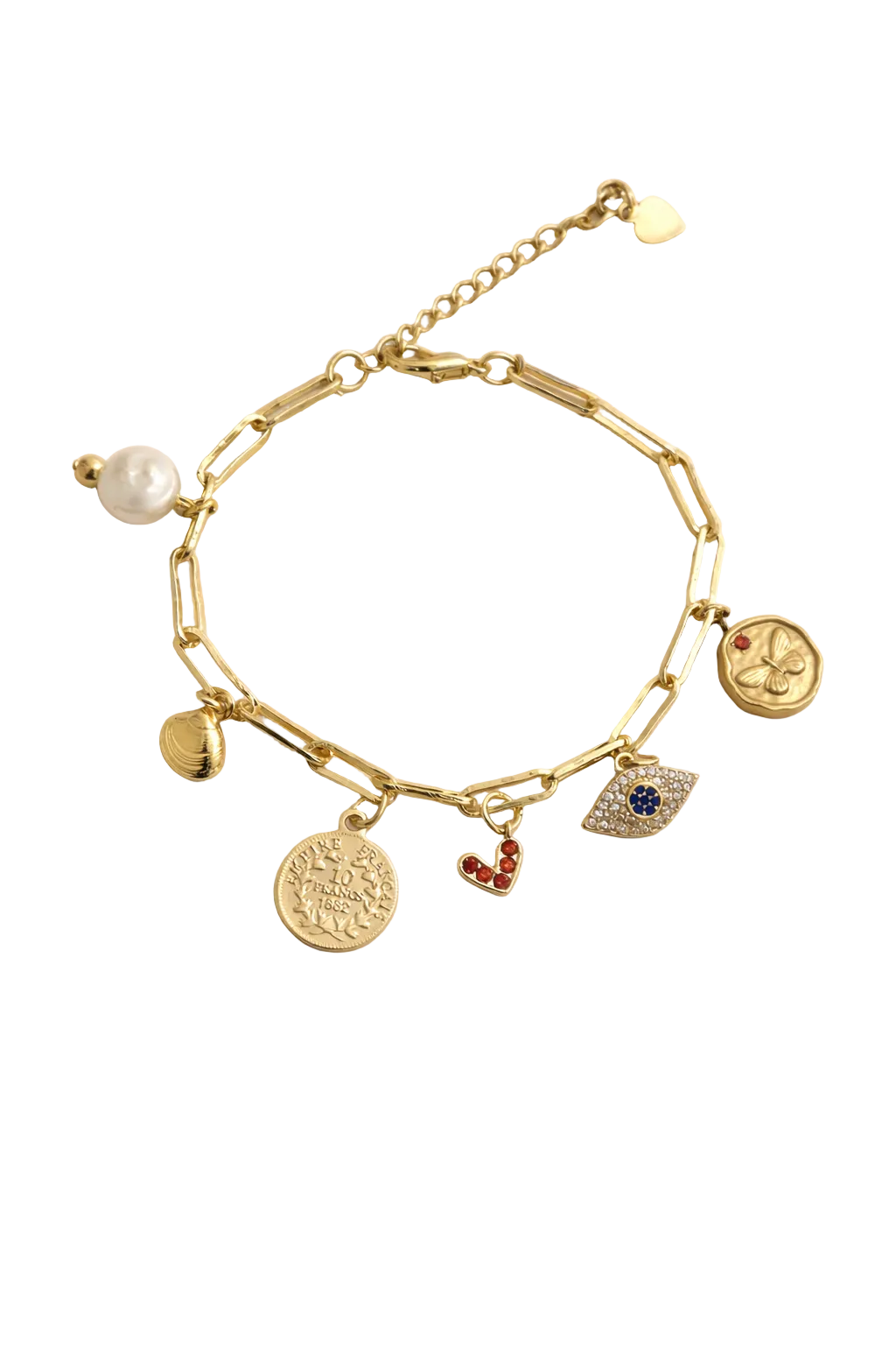 Golden Talisman Bracelet – bold gold elongated links with charm detailing and pearl accents
