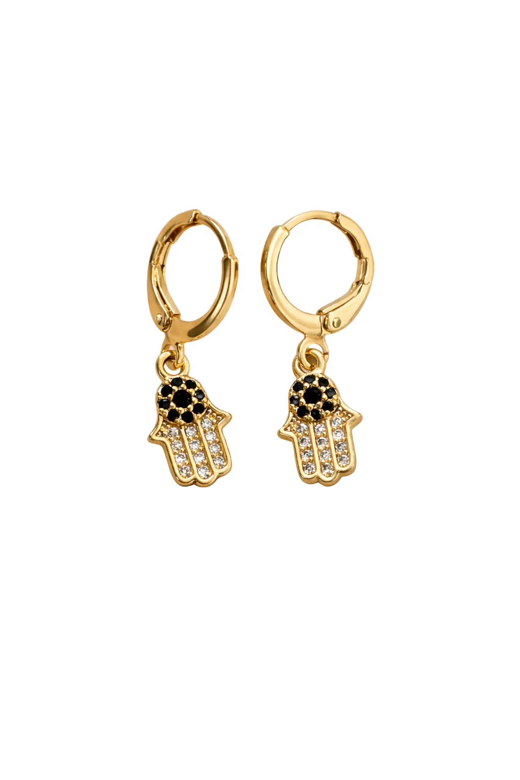 Noora Hamsa Earrings – delicate Hamsa hand charm with pearl detail on polished gold hoops
